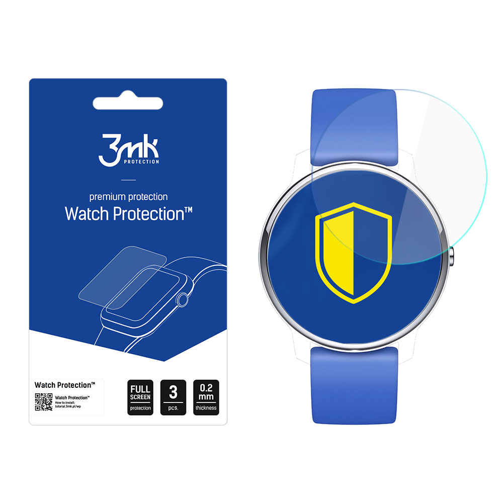 L'immagine mostra un orologio con protezione schermo, confezione. I colori blu e giallo sono dominanti. Testo: Watch Protection, 3mk, protezione premium.