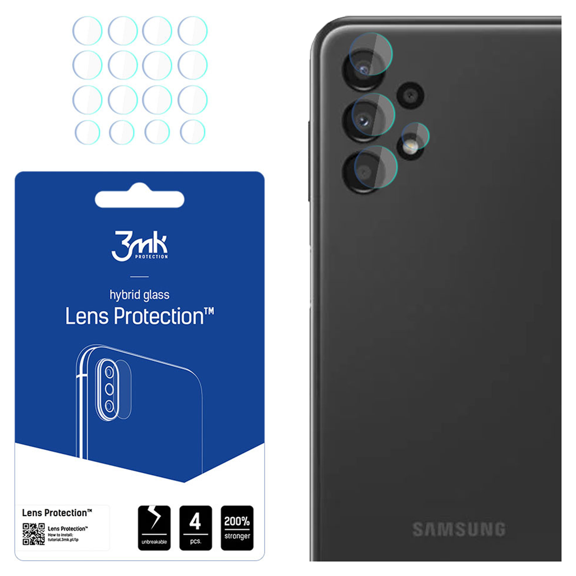 Un kit di protezione per lenti del telefono. Include protezioni, un telefono e confezione con testo e il marchio 3mk.