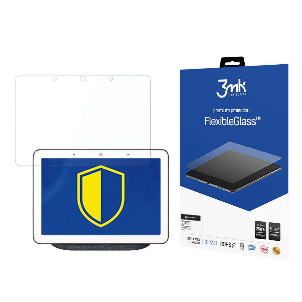 Un tablet con protezione schermo, una scatola con il nome della protezione e un'icona a scudo sul tablet.