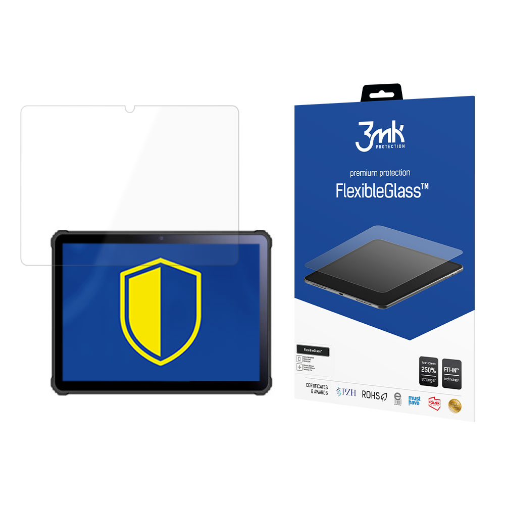 Tablet con protezione schermo e confezione. Il tablet ha un logo a scudo. La confezione dice FlexibleGlass.