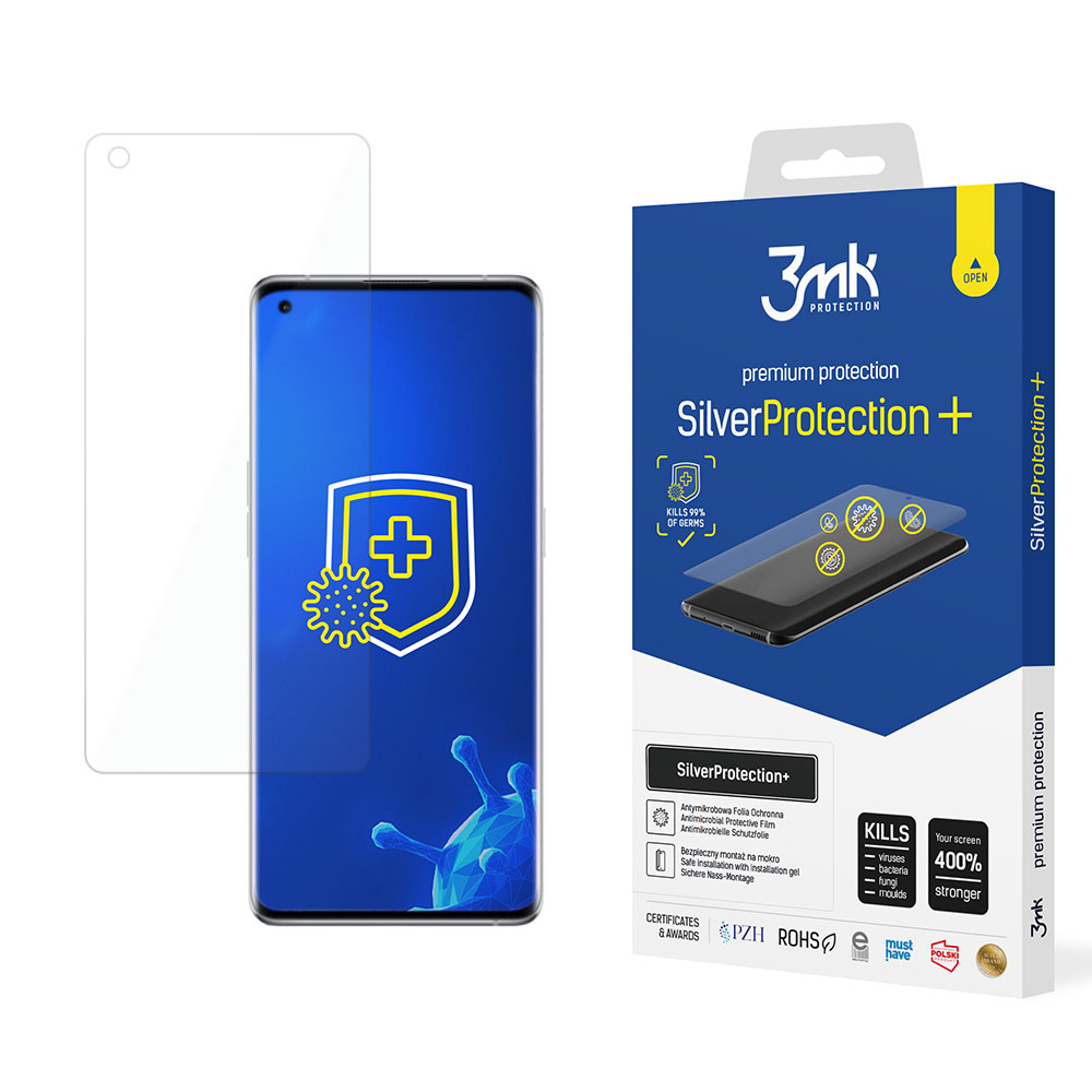 Un telefono con protezione schermo e scatola. La scatola dice SilverProtection+ e uccide il 99% dei germi.