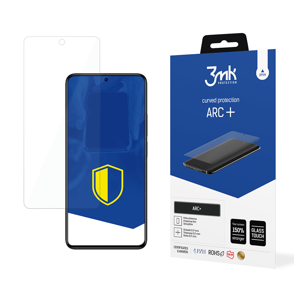 Un telefono con protezione schermo, una scatola con il marchio 3mk e una protezione schermo a sinistra.