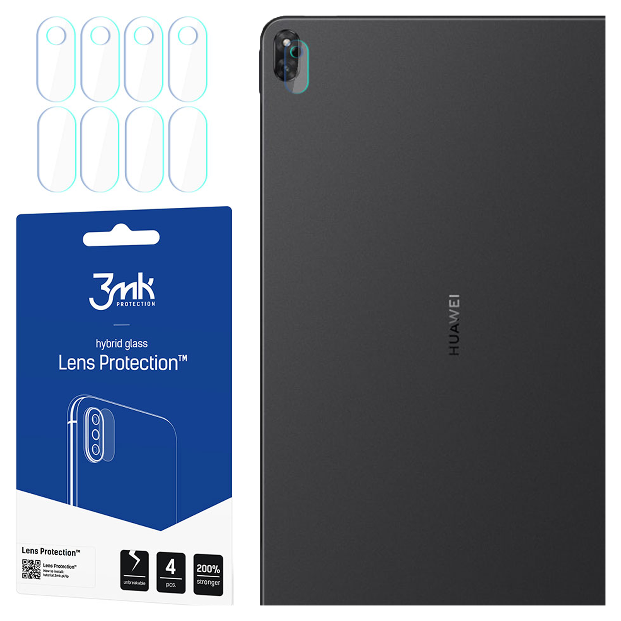 Un tablet con protezioni per lenti, un pacco di 3mk Lens Protection e alcune protezioni per lenti.