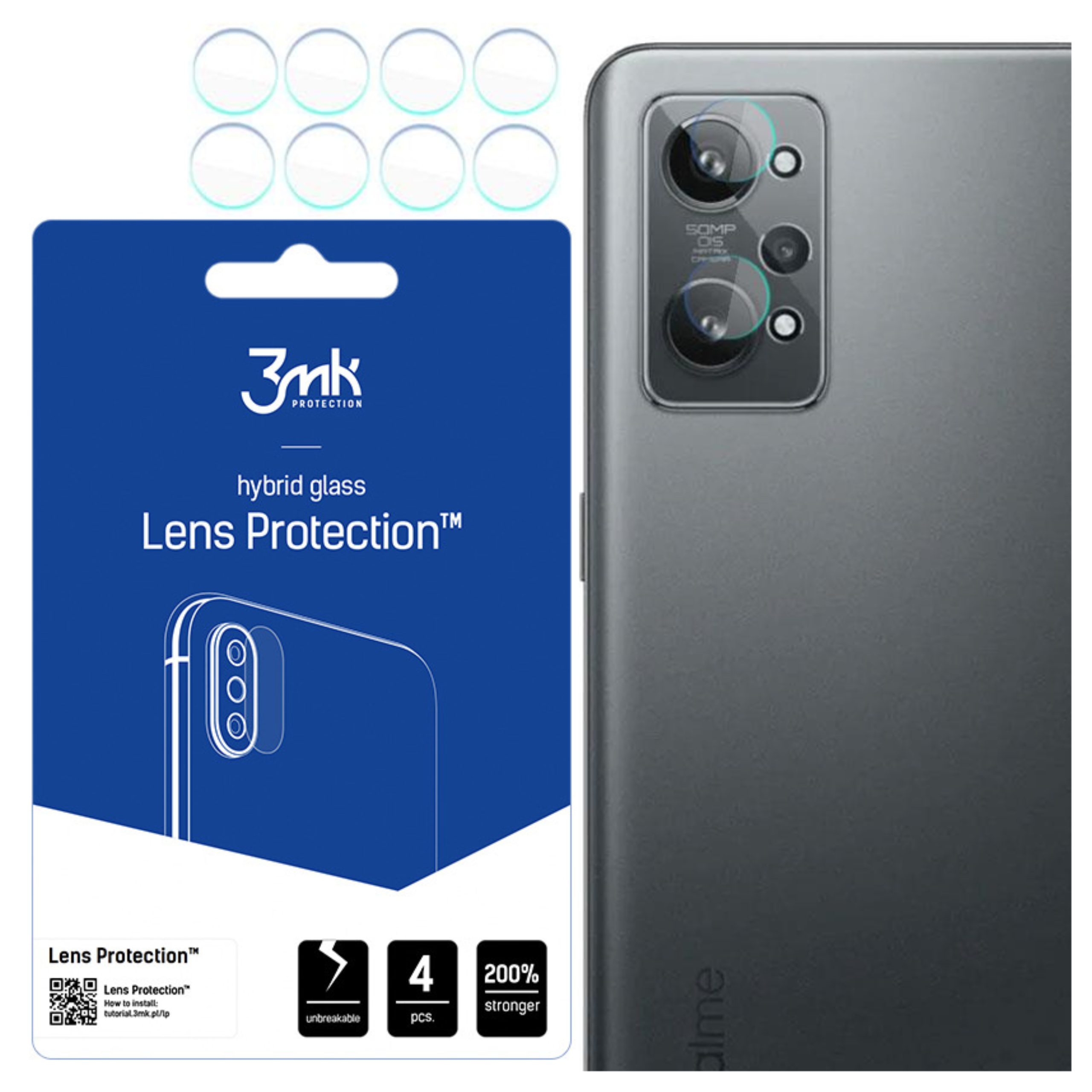 Vengono visualizzati un telefono e protezioni per lenti. Il testo sulla confezione del prodotto dice 'Lens Protection'.