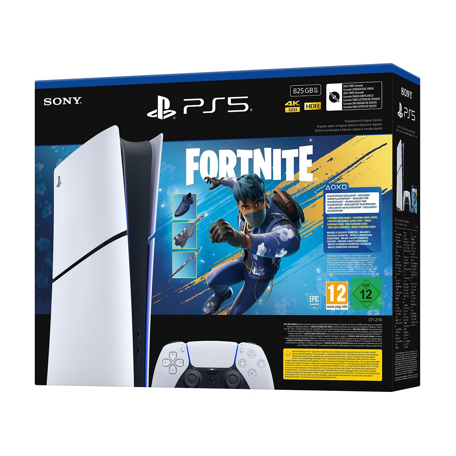 PS5 Fortnite-Bundle-Box. Eine Spielfigur ist auf der Vorderseite. Enthält einen Controller.
