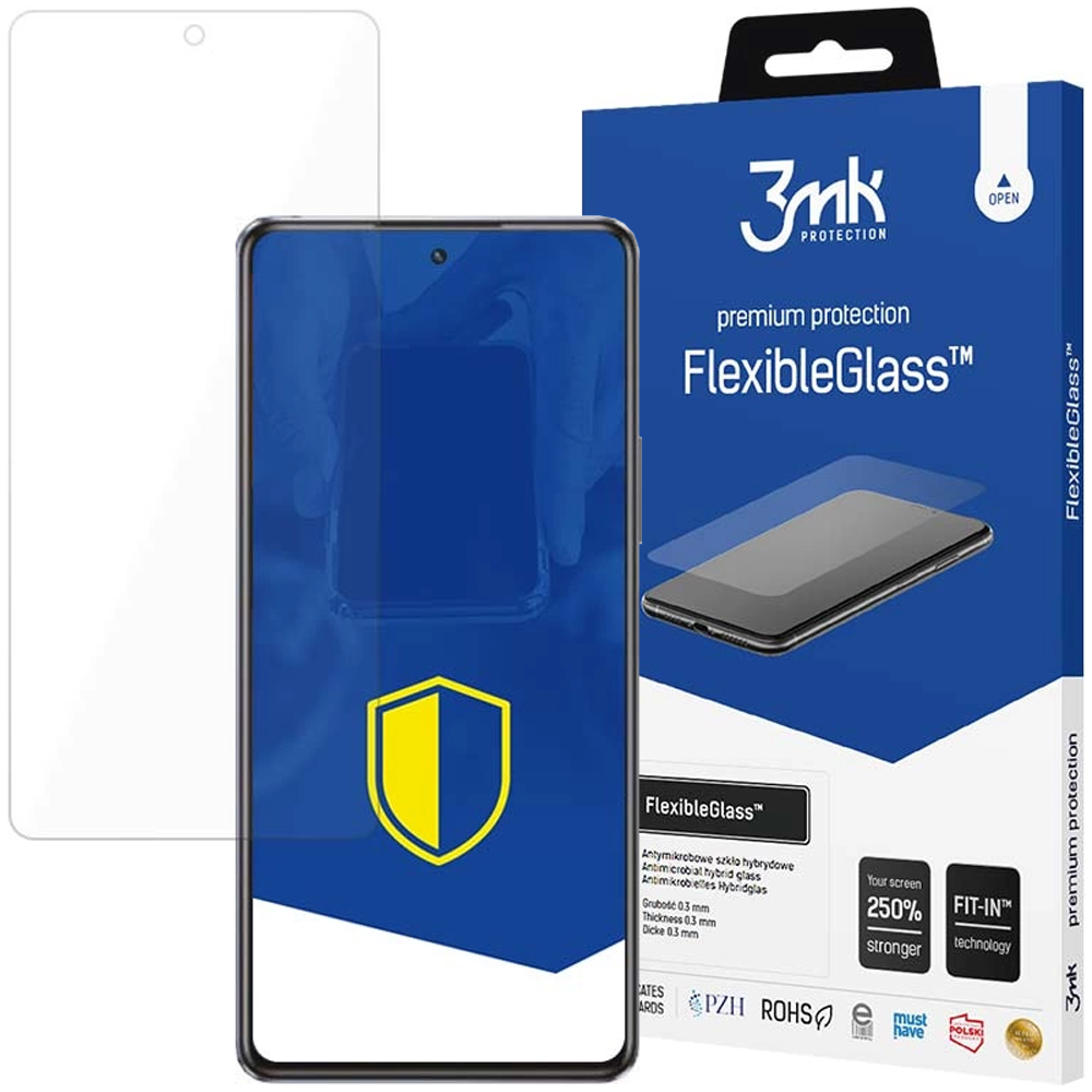 Un proteggi schermo e un telefono sono esposti con una scatola blu con l'etichetta FlexibleGlass. Il proteggi schermo è trasparente.