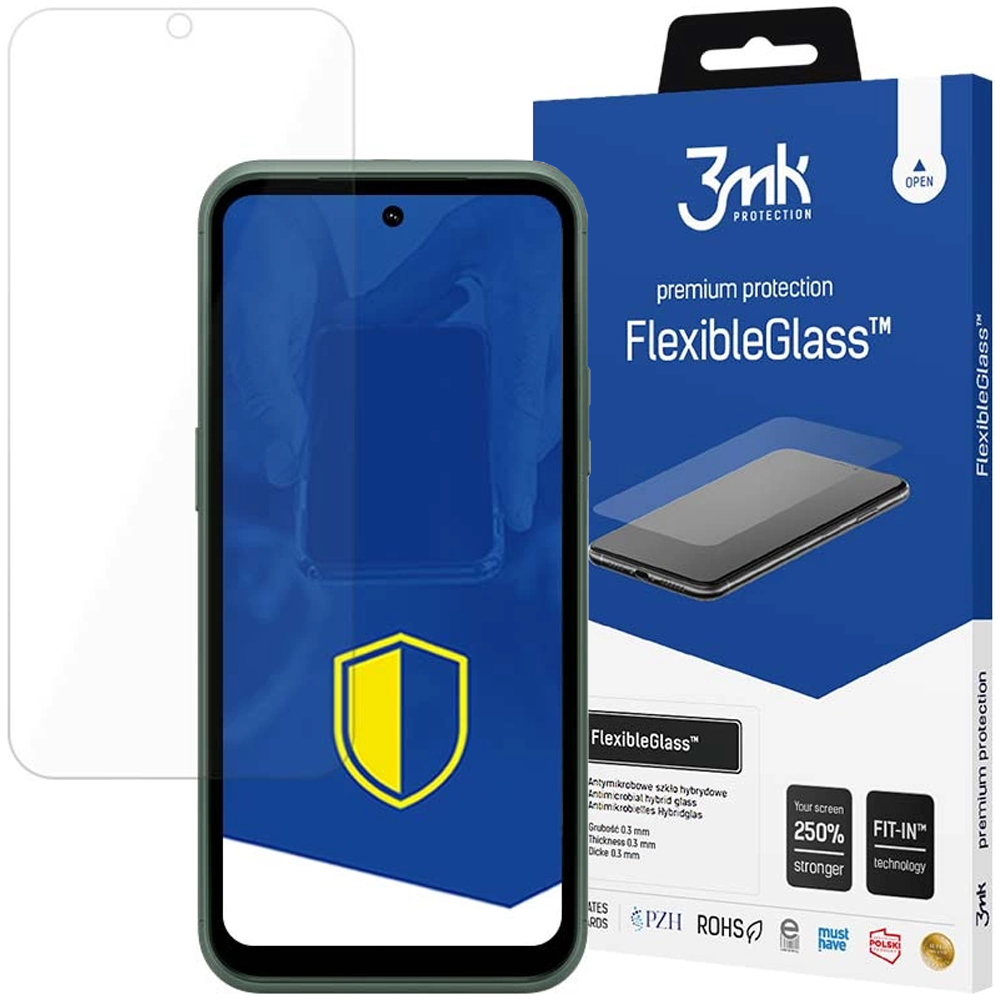 Un telefono con protezione schermo, una scatola di FlexibleGlass e un protettore. Il telefono è verde e la scatola è blu.