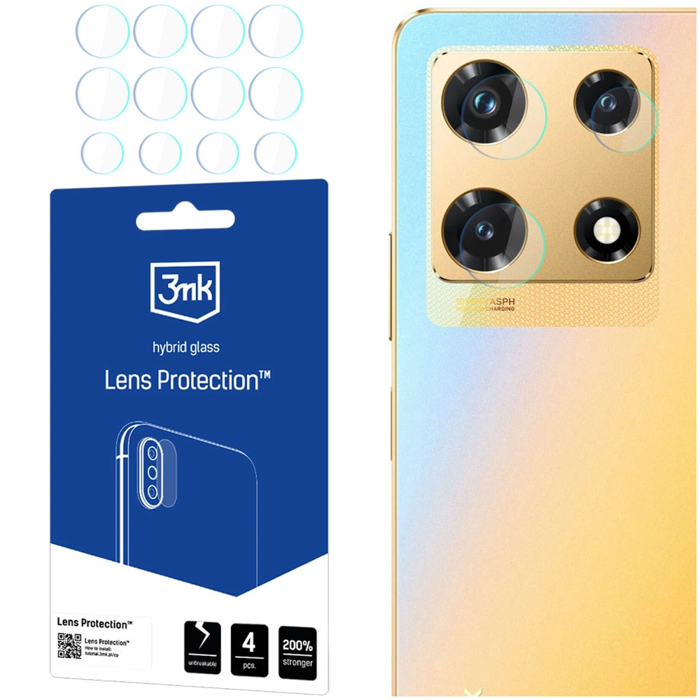 L'immagine mostra un telefono con protezioni per lenti della fotocamera. Confezione con protezioni, retro telefono e lenti. Vetro protettivo.