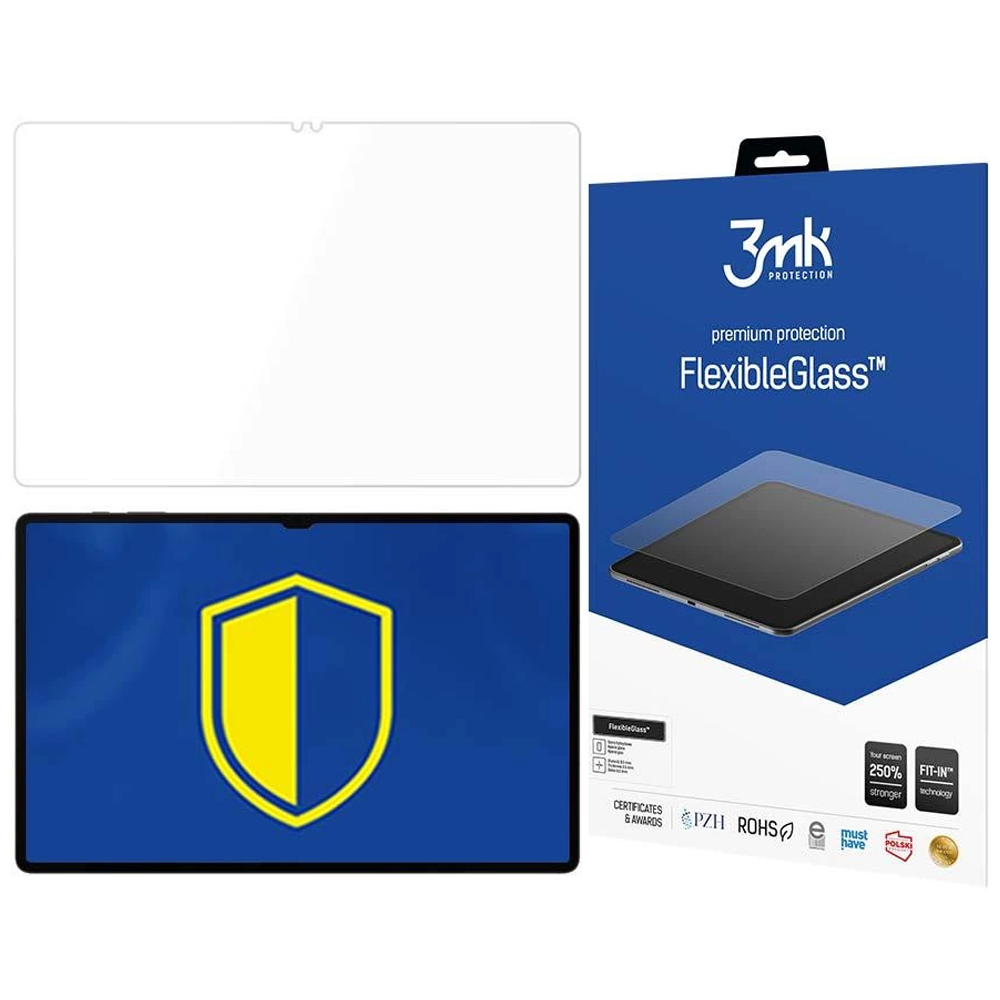 Widoczna jest osłona ekranu, tablet z logo tarczy oraz niebieskie pudełko z wizerunkiem osłony ekranu.