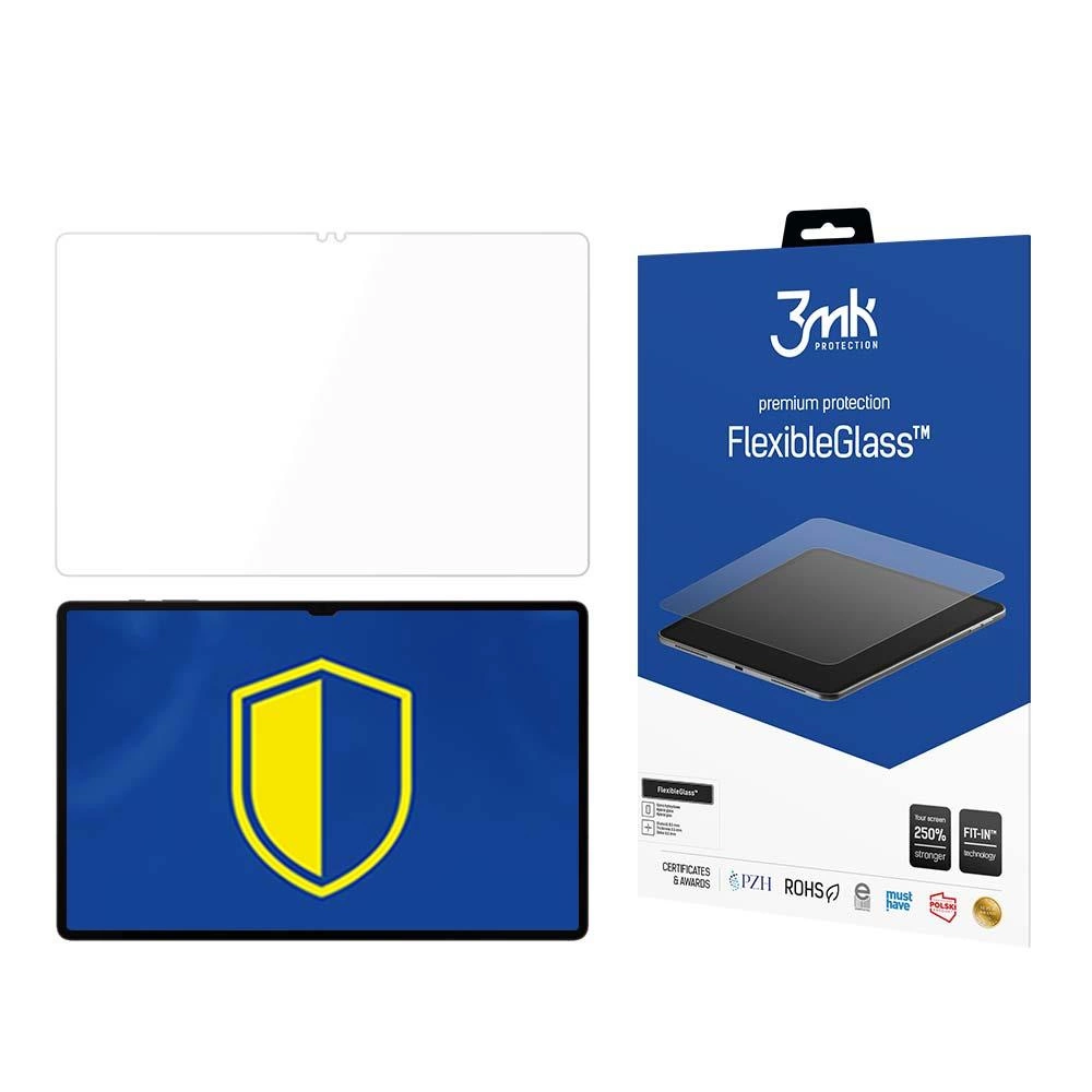 Se muestra una caja protectora de pantalla de tableta y dos protectores. La caja es azul con texto blanco. Se muestra una tableta.