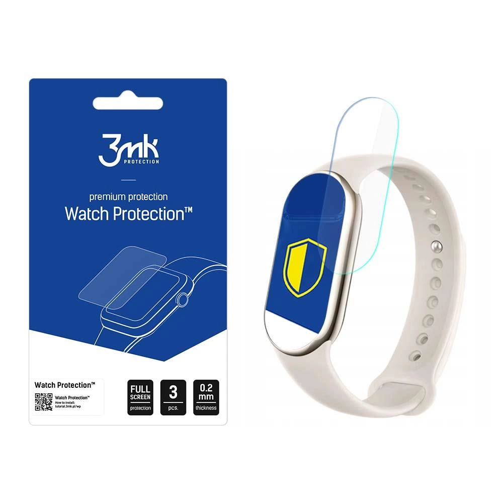 Uno smartwatch bianco con protezione schermo, confezione con testo 'Watch Protection' e logo con scudo.