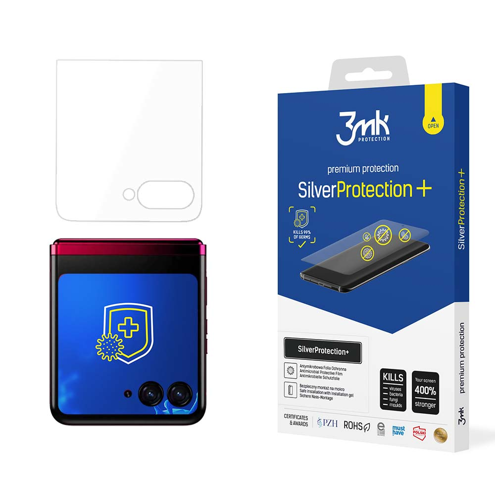 Un telefono e una scatola di protezione dello schermo. La scatola pubblicizza Silver Protection+, con un'illustrazione del telefono e un'affermazione di eliminazione dei germi.