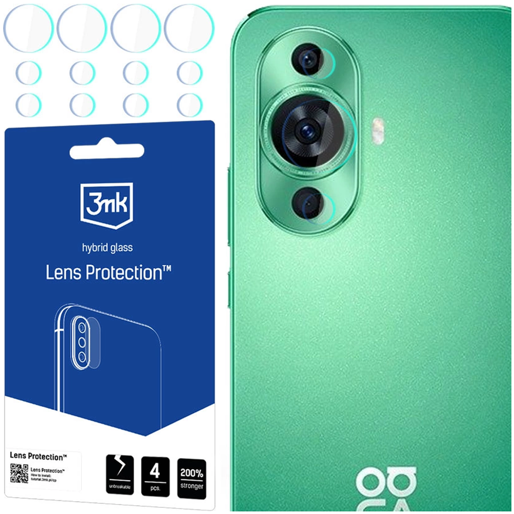 L'immagine mostra protezioni per lenti del telefono, confezione e retro del telefono. Le protezioni sono cerchi trasparenti. Il retro del telefono è verde.