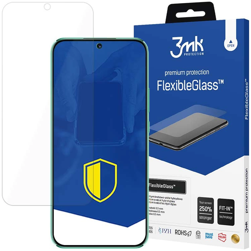 Un telefono con protezione schermo, una scatola con la stessa protezione e un vetro separato. La scatola dice 'FlexibleGlass'.