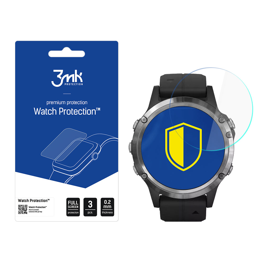 Un proteggi schermo per orologio e un orologio. Il proteggi schermo è a destra. Uno scudo blu e giallo è sull'orologio.