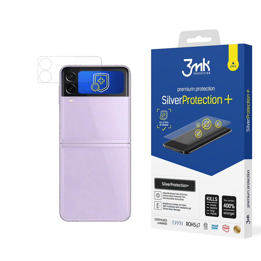 Un telefono pieghevole viola accanto a una scatola blu di protezione dello schermo. La scatola dice SilverProtection+ e 3mk protection.