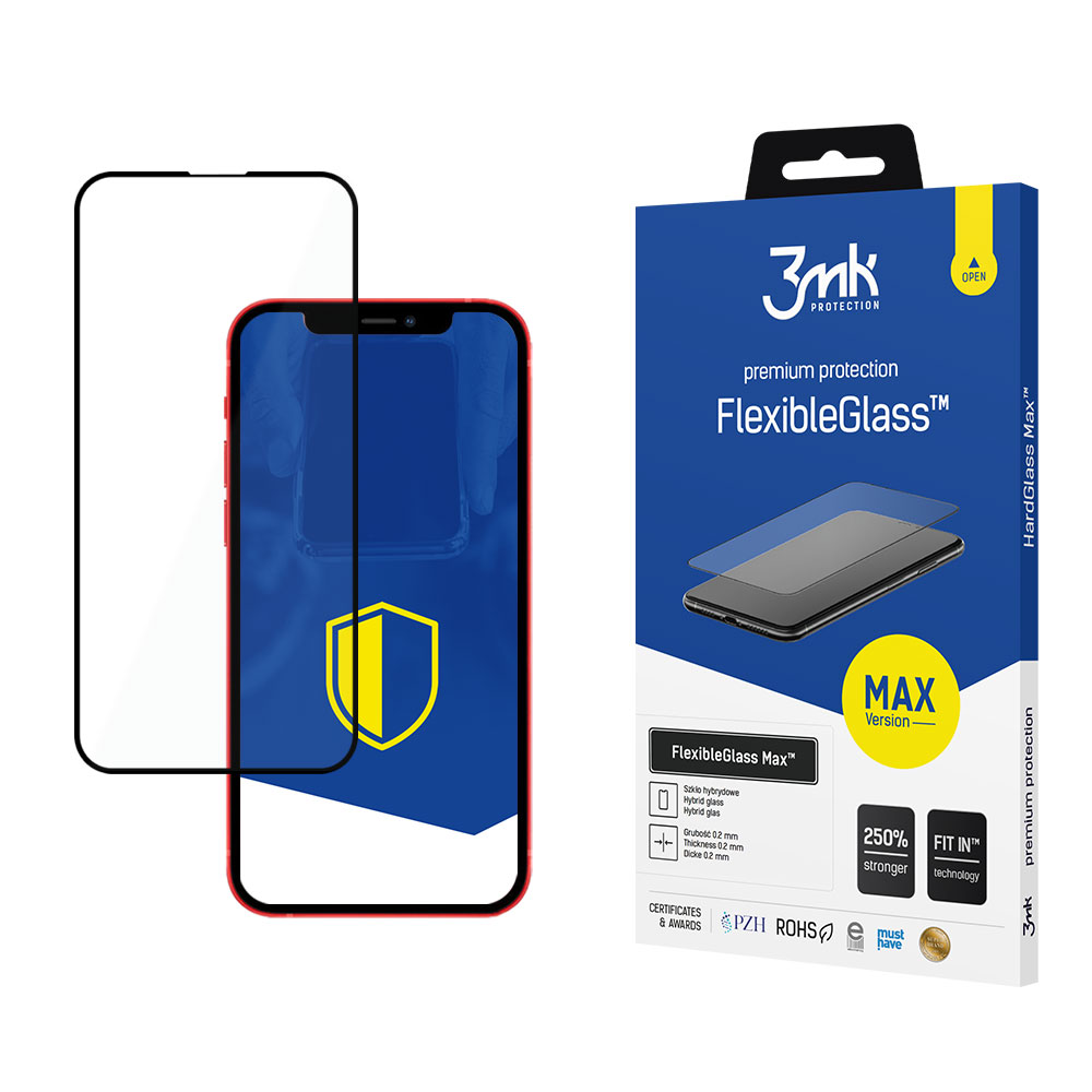 Un telefono e una protezione per lo schermo sono esposti con la confezione FlexibleGlass Max. La protezione è a sinistra.