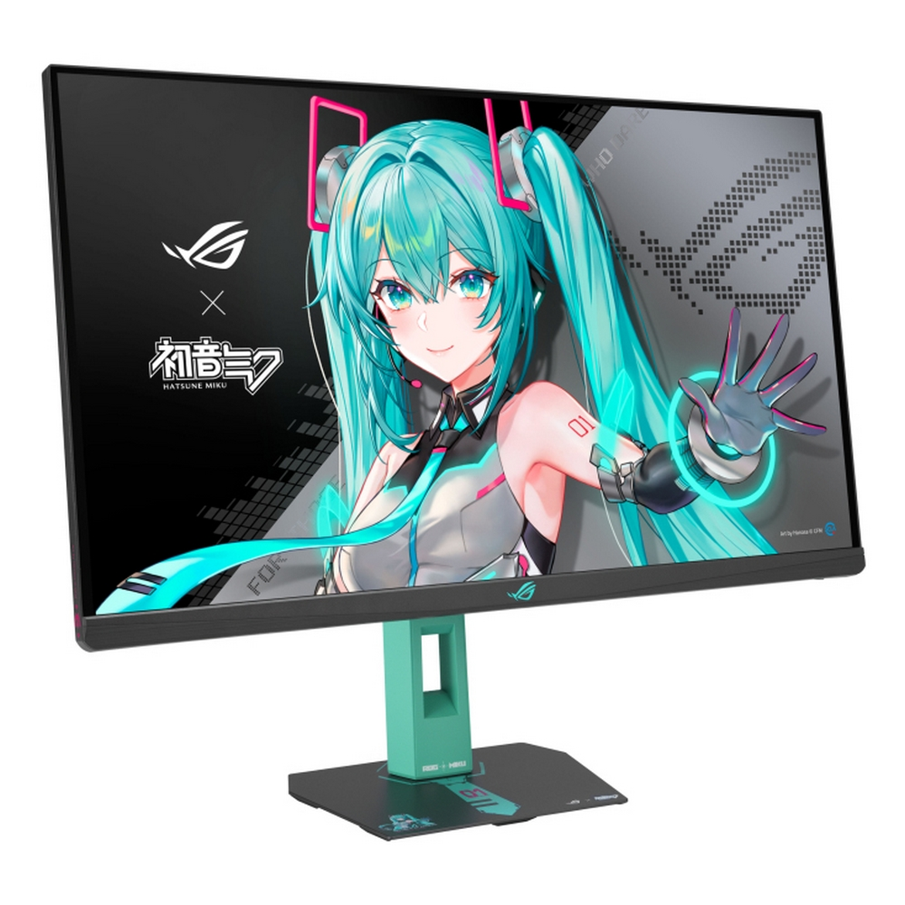A computer monitor with an anime character on the screen. The stand is green, and the screen has a black frame.