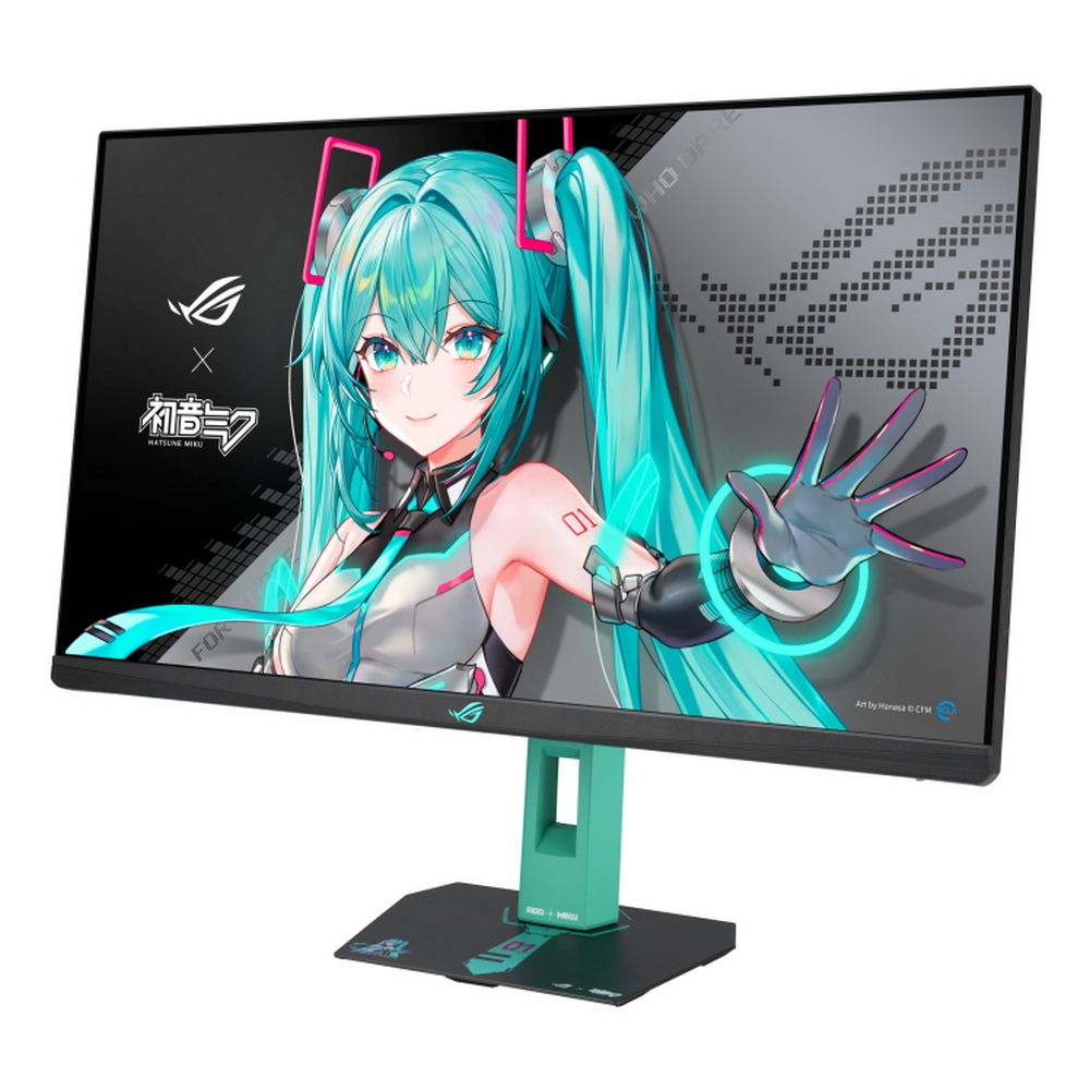 A computer monitor displays Hatsune Miku art. The monitor is black with a green stand. The background is white.