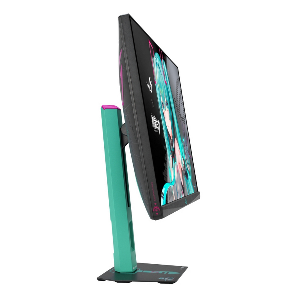 A computer monitor with a teal stand and base. The screen displays a colorful anime image.