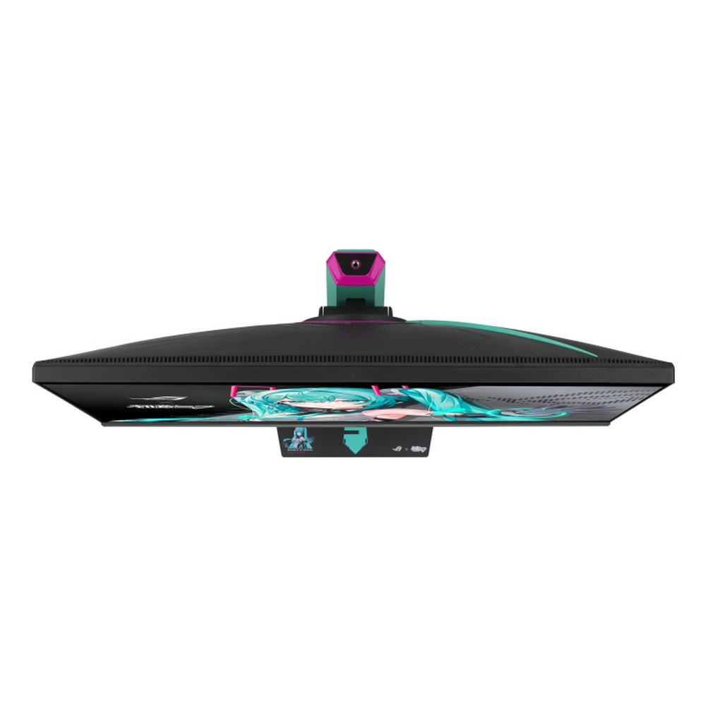 Top view of a gaming monitor. It features a design with a Hatsune Miku theme. The stand has pink and green accents.