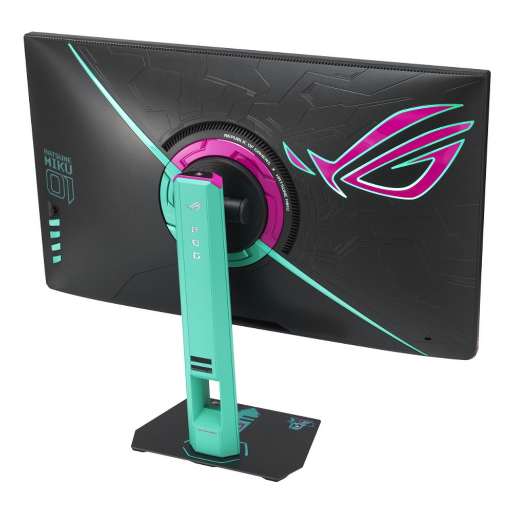 Back of a computer monitor with teal and pink accents, featuring Hatsune Miku branding and ROG logo, on a black base.