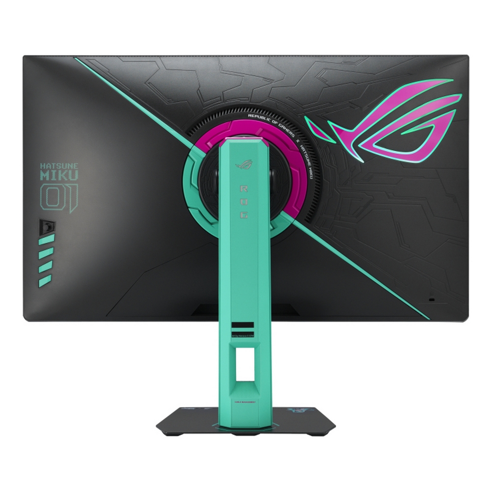A computer monitor is displayed. It has a black back with teal and pink accents, and a teal stand. The monitor is on a white background.