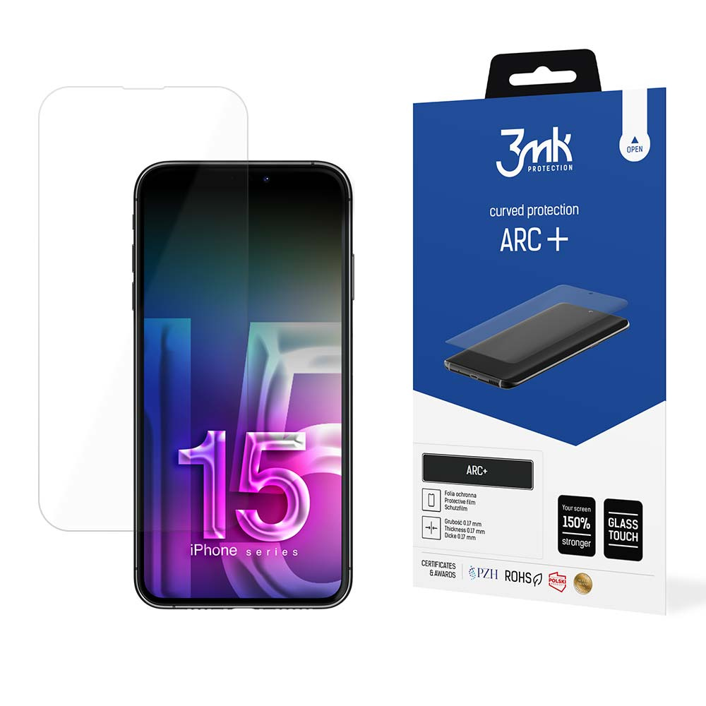 Telefon iPhone serii 15 z ochraniaczem ekranu obok opakowania produktu. Opakowanie ma markę 3mk i ARC+.