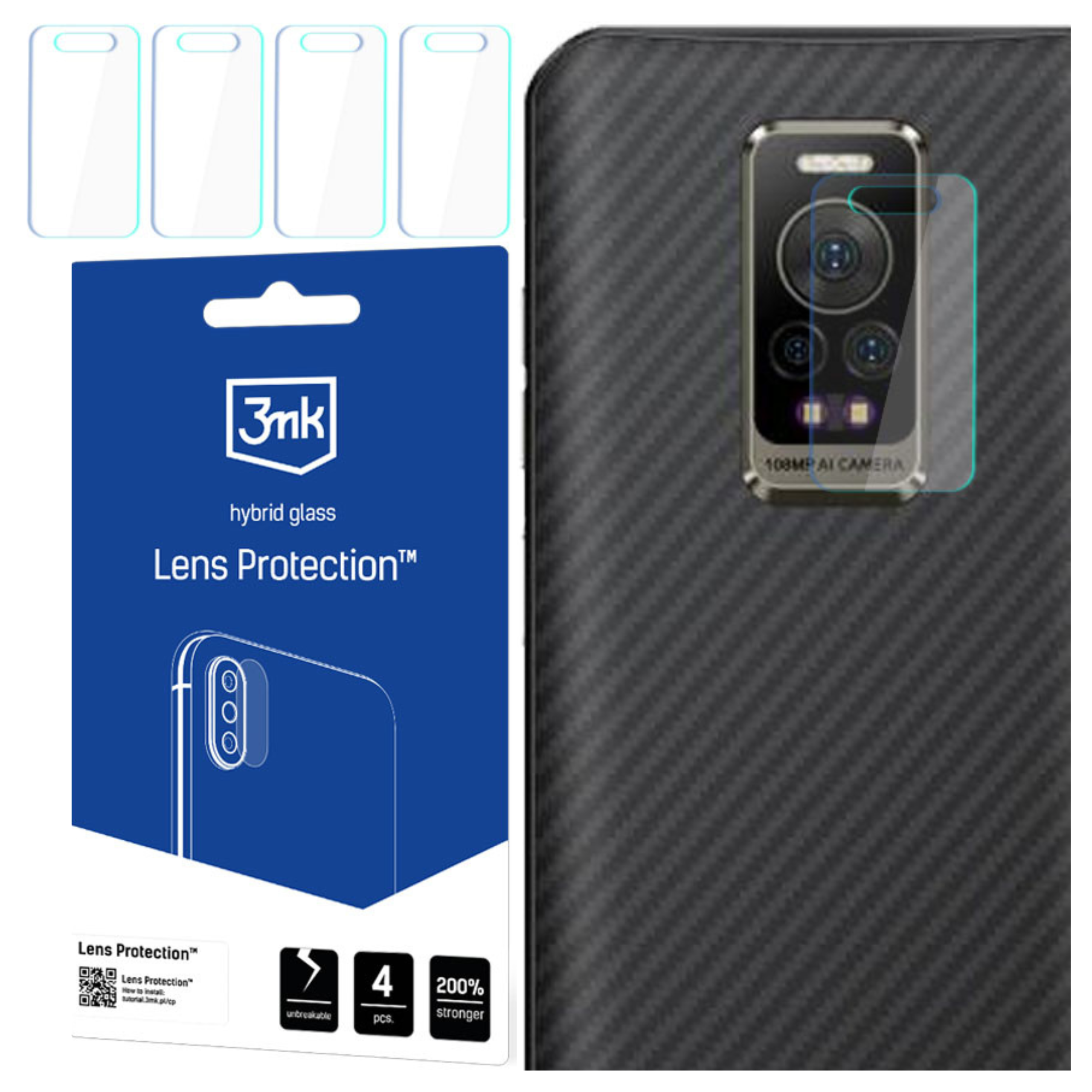 Un paquete de protectores de lente para teléfono, con la parte trasera del teléfono y la lente visibles. El paquete muestra la marca y las características.