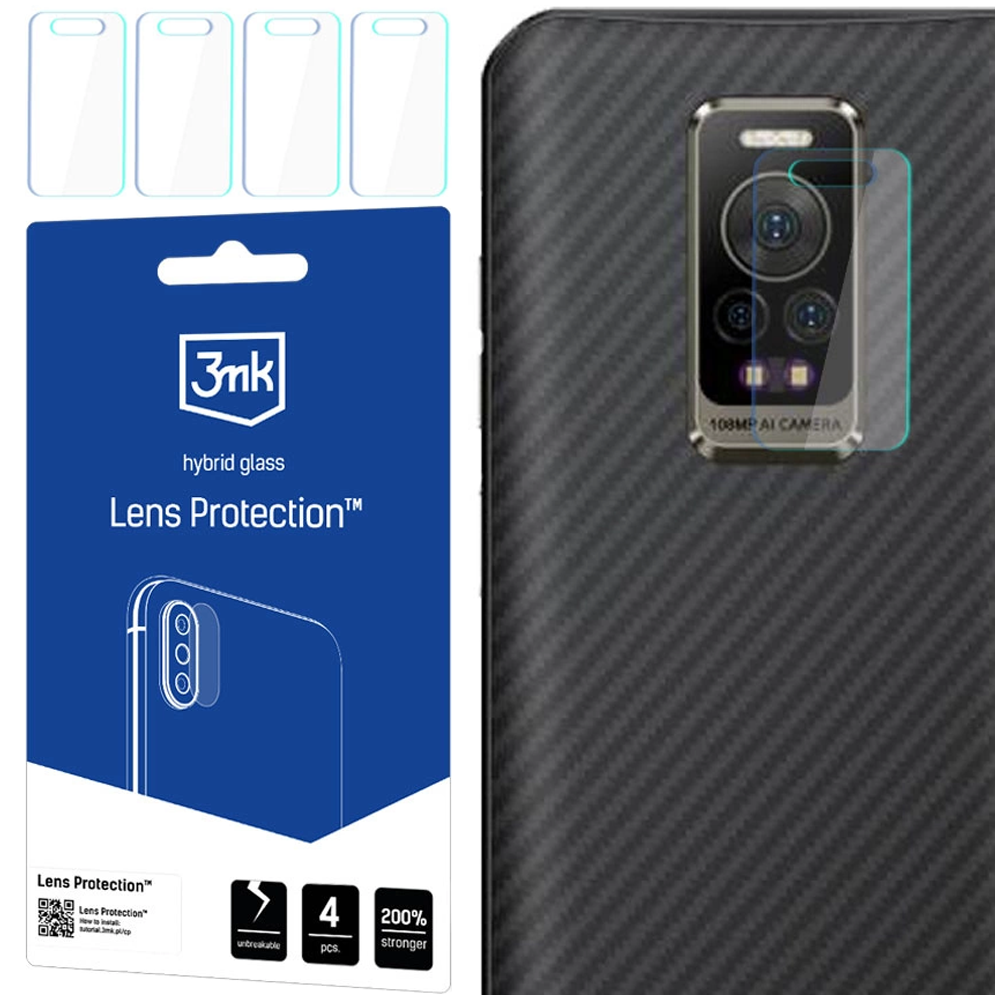 Un kit di protezione per lenti del telefono con 4 protezioni, un telefono con fotocamera e un pacchetto 3mk Lens Protection.