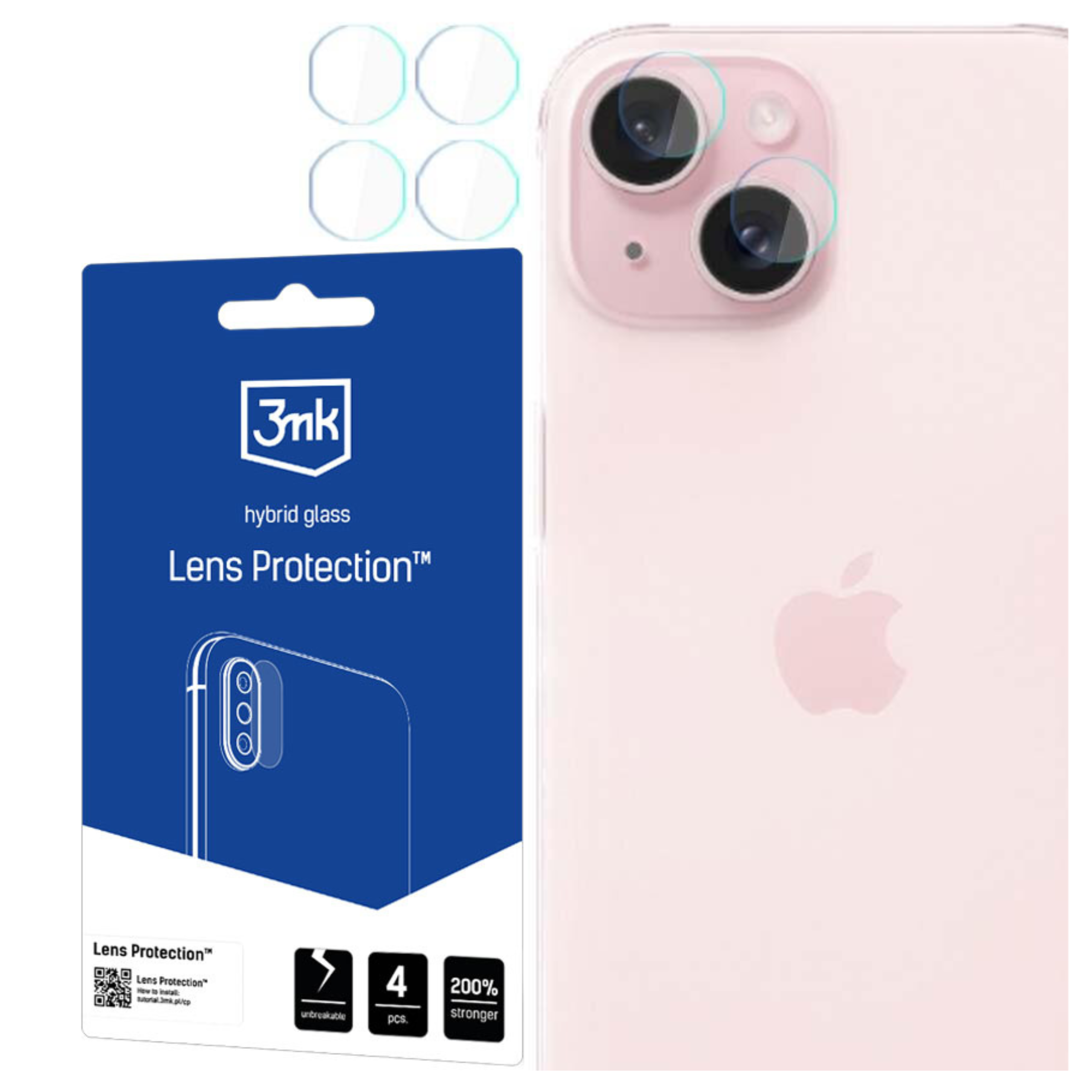Un iPhone rosa con protezioni per lenti e una confezione blu per la protezione delle lenti.