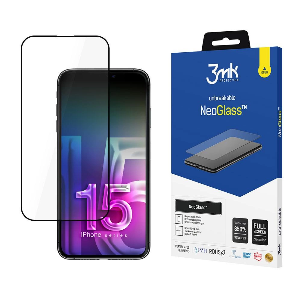 Un proteggi schermo per iPhone con la confezione a destra. Sulla confezione c'è scritto NeoGlass infrangibile.