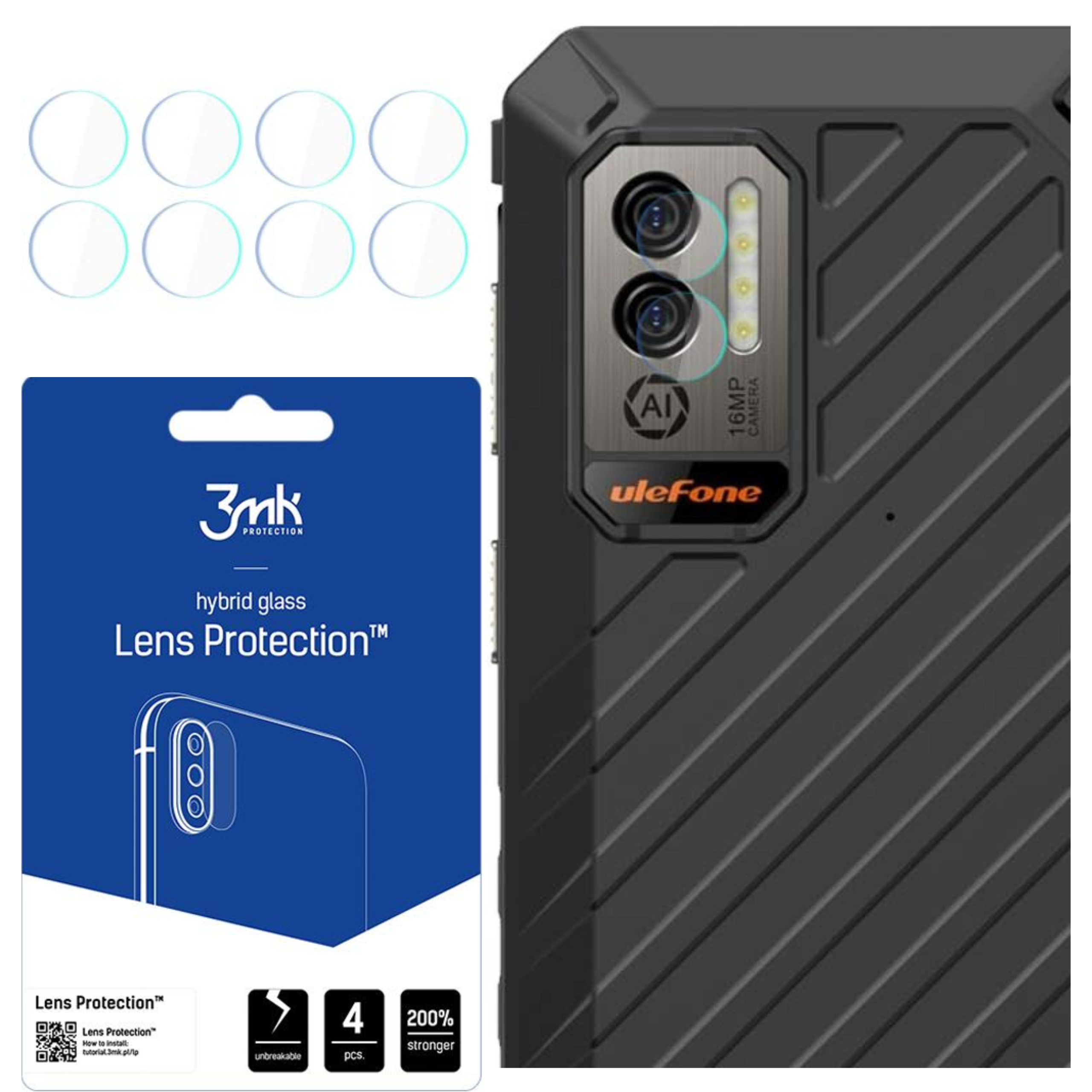 L'immagine mostra protezioni per lenti della fotocamera del telefono, un telefono e un pacchetto 3mk Lens Protection.
