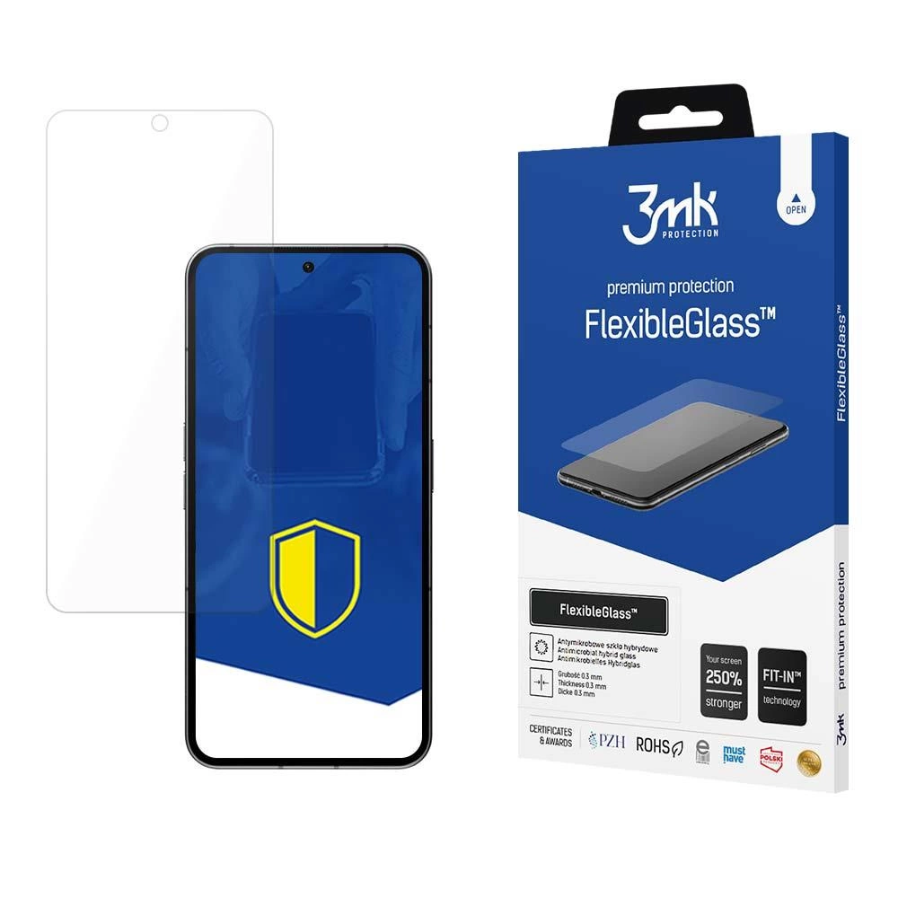 Wyświetlany jest telefon i ochraniacz ekranu z brandingiem. Telefon ma żółte i niebieskie logo tarczy na ekranie.