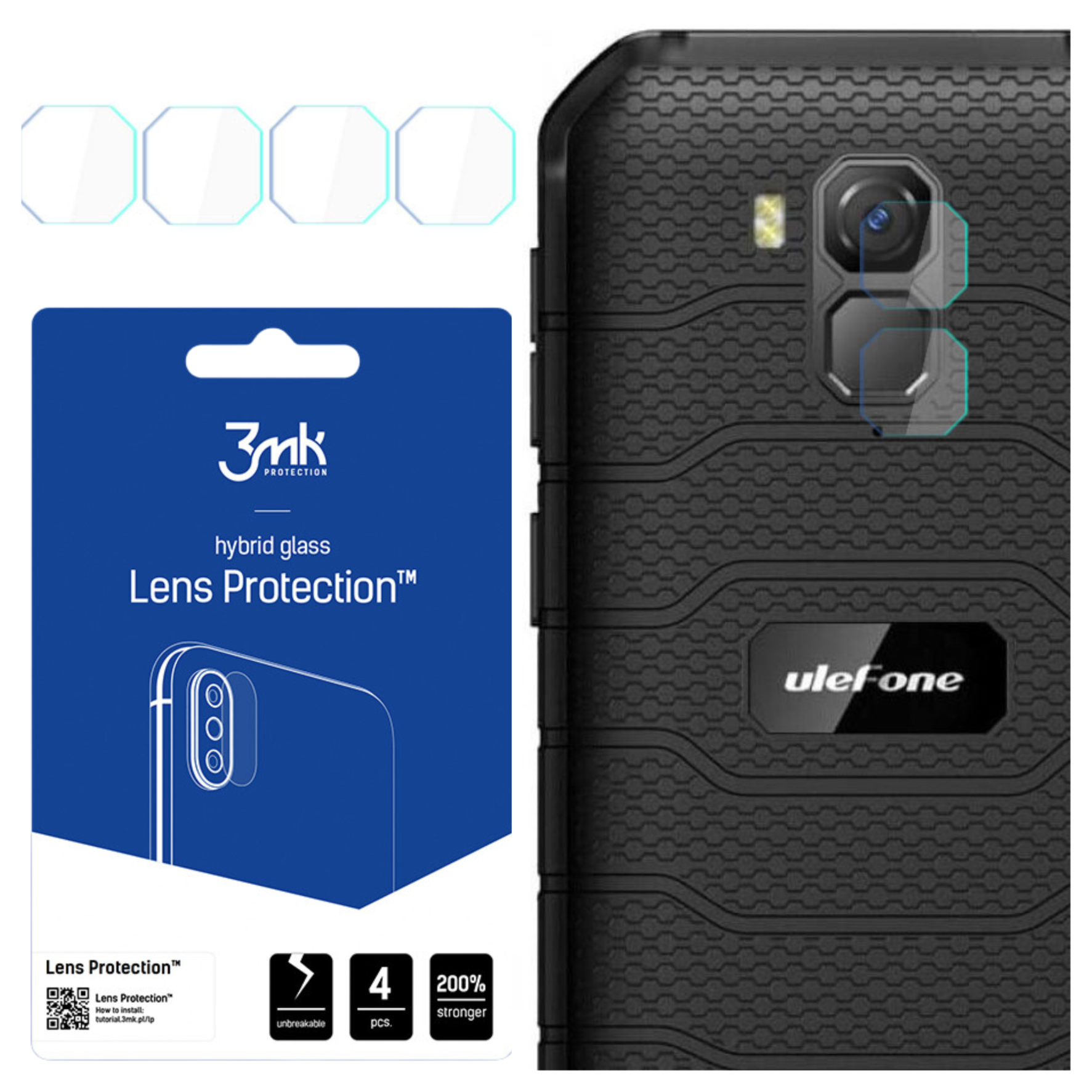 Una custodia per telefono con protezioni per lenti e una confezione blu che mostra la protezione delle lenti.