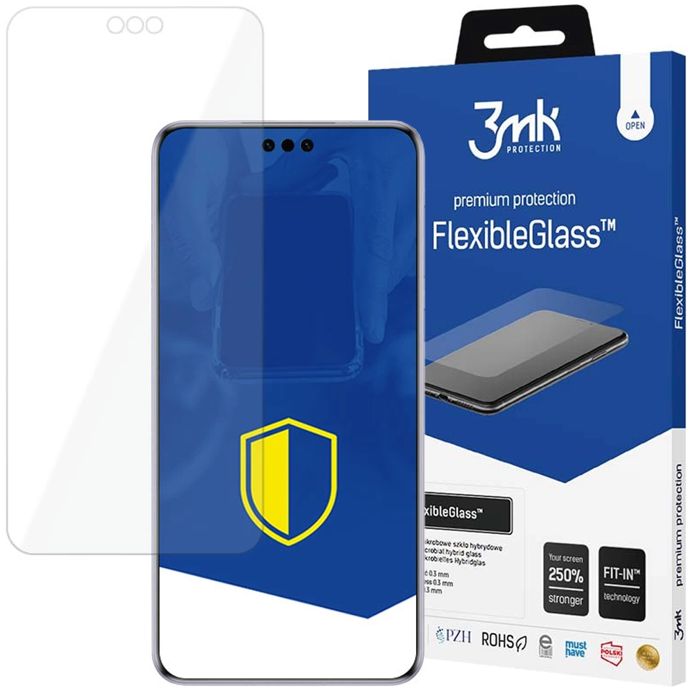 Un proteggi schermo e una scatola con il nome FlexibleGlass. Il proteggi schermo è su un telefono.