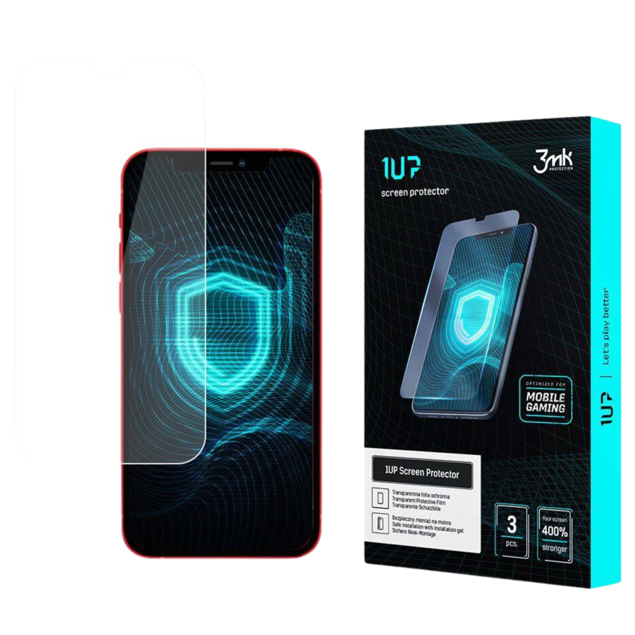 Un telefono con protezione schermo e confezione. La confezione dice '1UP protezione schermo' e 'ottimizzato per il gaming mobile'.
