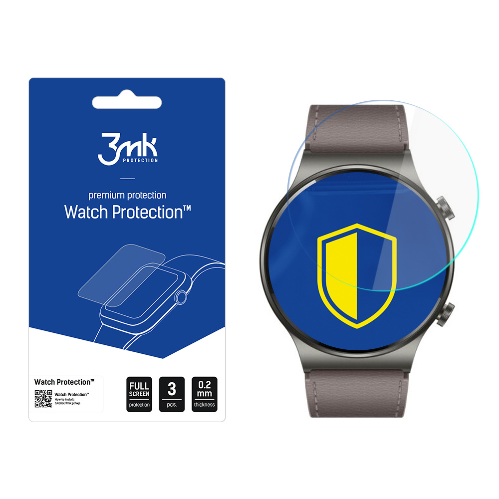 Uno smartwatch con protezione schermo e una confezione di protezioni schermo. L'orologio ha un'icona a scudo blu.