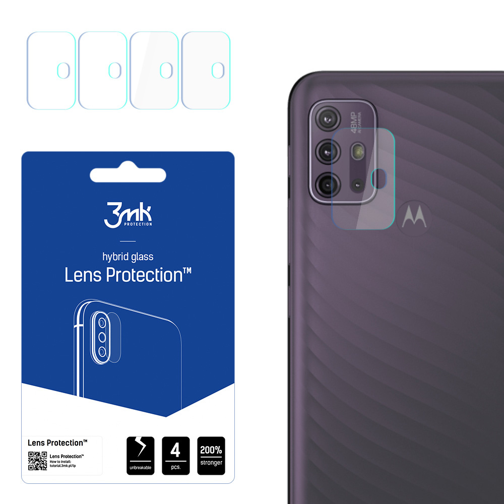Un telefono con protezione per l'obiettivo. La confezione mostra la protezione e il retro del telefono. Include telefono e 4 protezioni.