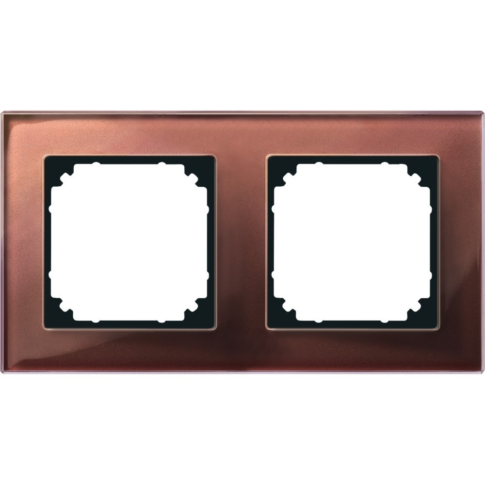 Una placca interruttori color bronzo con due aperture quadrate. Ogni apertura ha un telaio interno nero e un centro bianco.
