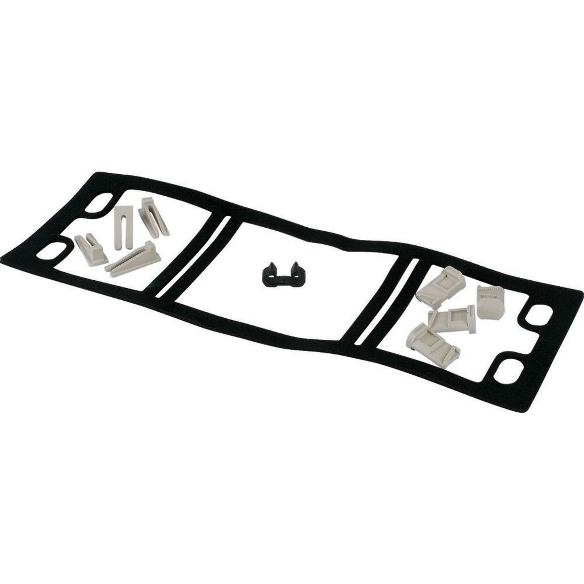 Cornice rettangolare nera con sezioni bianche. Diverse piccole clip di plastica bianca sono sparse all'interno delle sezioni della cornice.