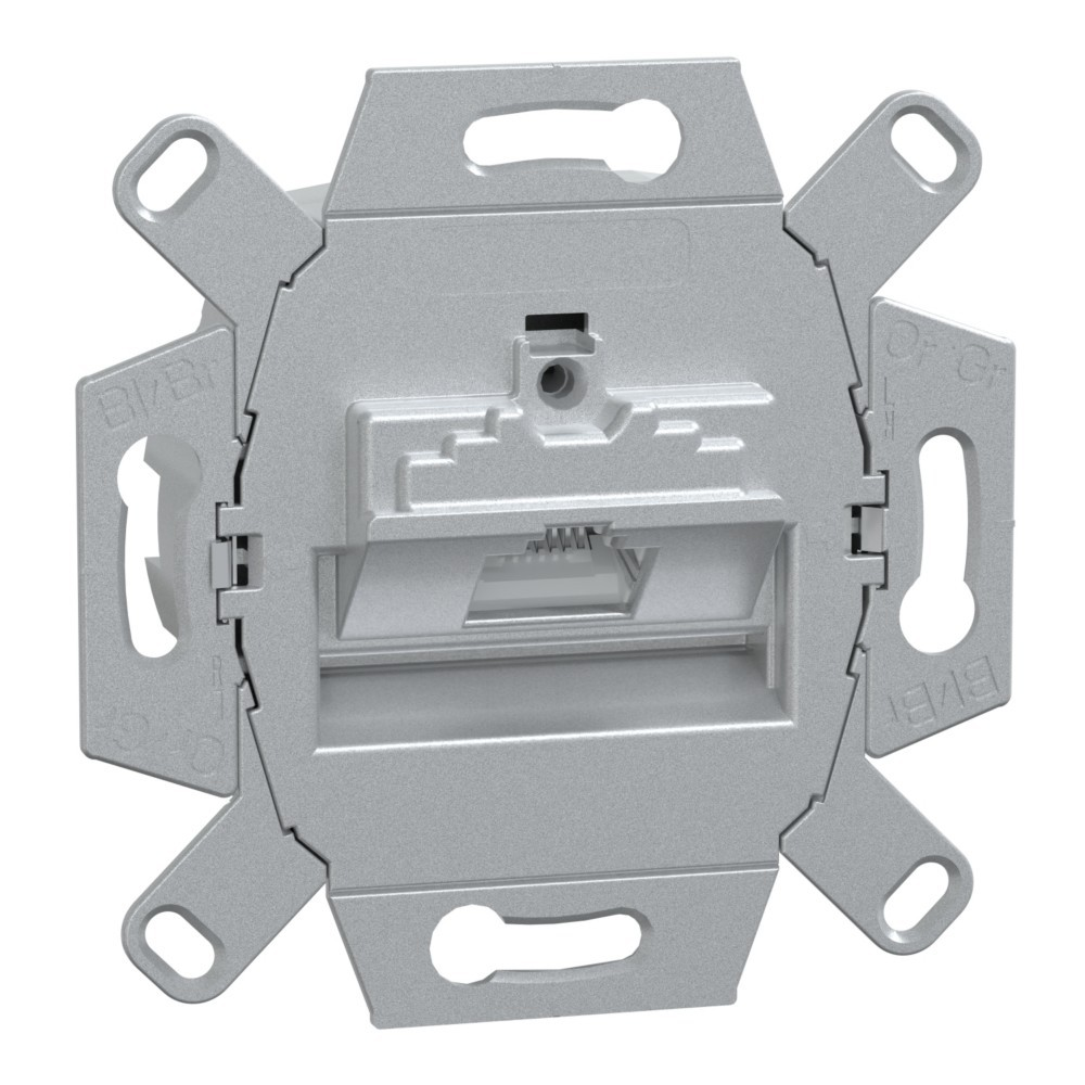 Un connettore di rete RJ45 grigio. Ha una porta centrale, staffe di montaggio ed etichette come 'Bl/Br' e 'Or/Gr'.