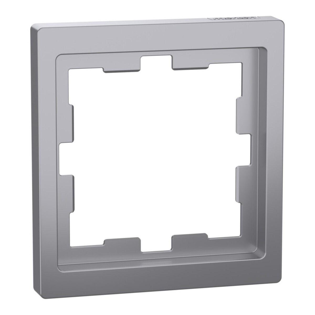 Una cornice quadrata grigia per presa elettrica. Ha un'apertura quadrata al centro con intagli su ogni lato per la presa.