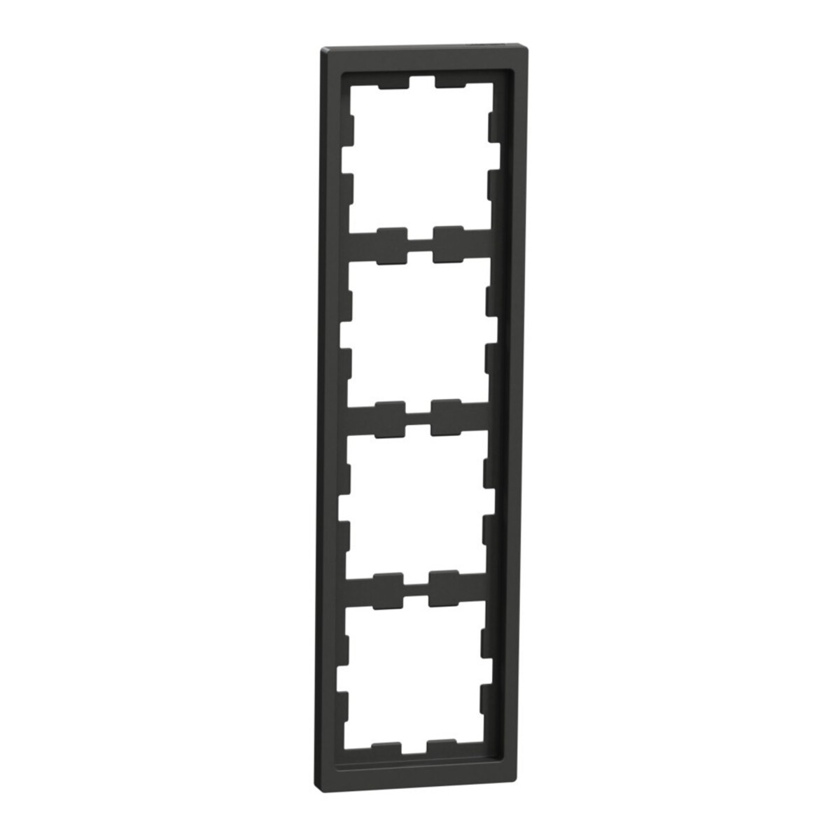 Una copertura per presa elettrica rettangolare grigio scuro con quattro aperture quadrate. La cornice ha una serie di intagli sui lati.