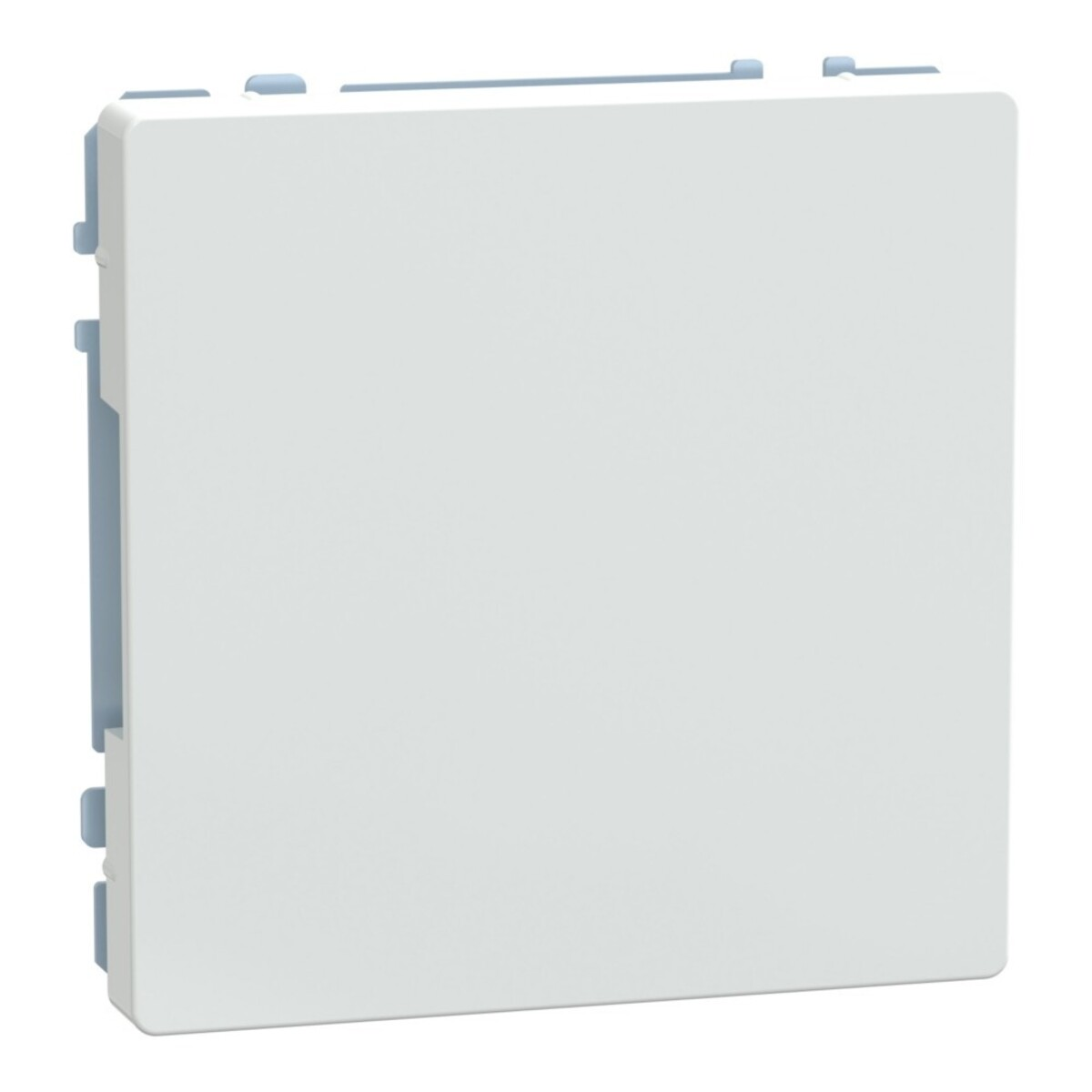 Un componente elettrico quadrato bianco con accenti azzurri. Ha una superficie liscia ed è leggermente angolato, mostrando il lato.