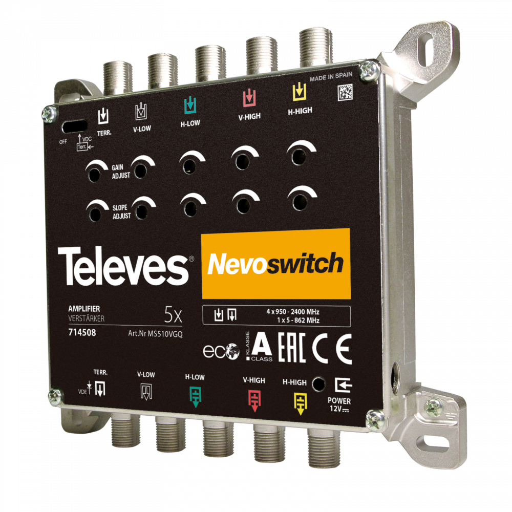 Un amplificatore nero con connettori argentati e testo: Televes Nevoswitch, amplificatore e altri dettagli tecnici.