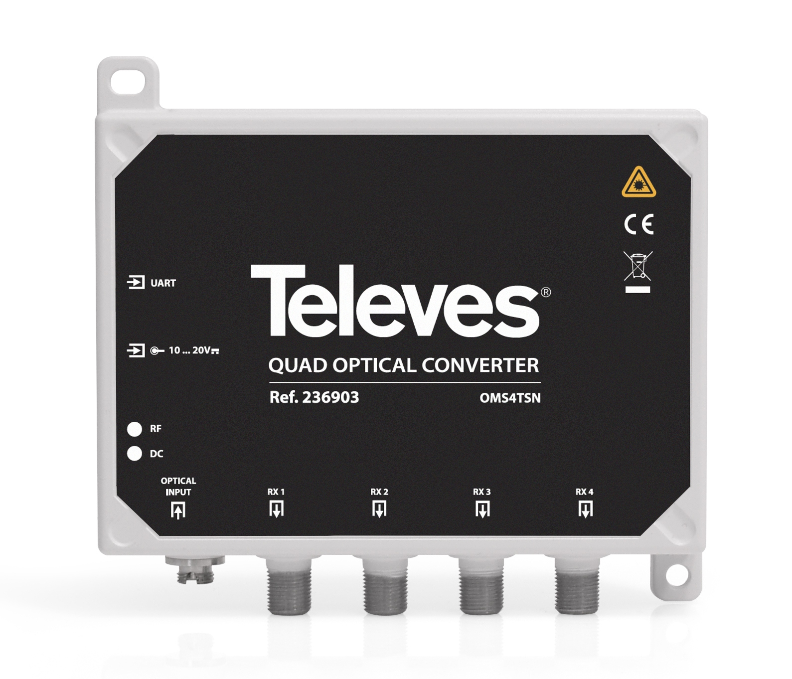 Un convertitore ottico quad Televes bianco con pannello nero. Ha più porte e indicatori. Il logo Televes è ben visibile.