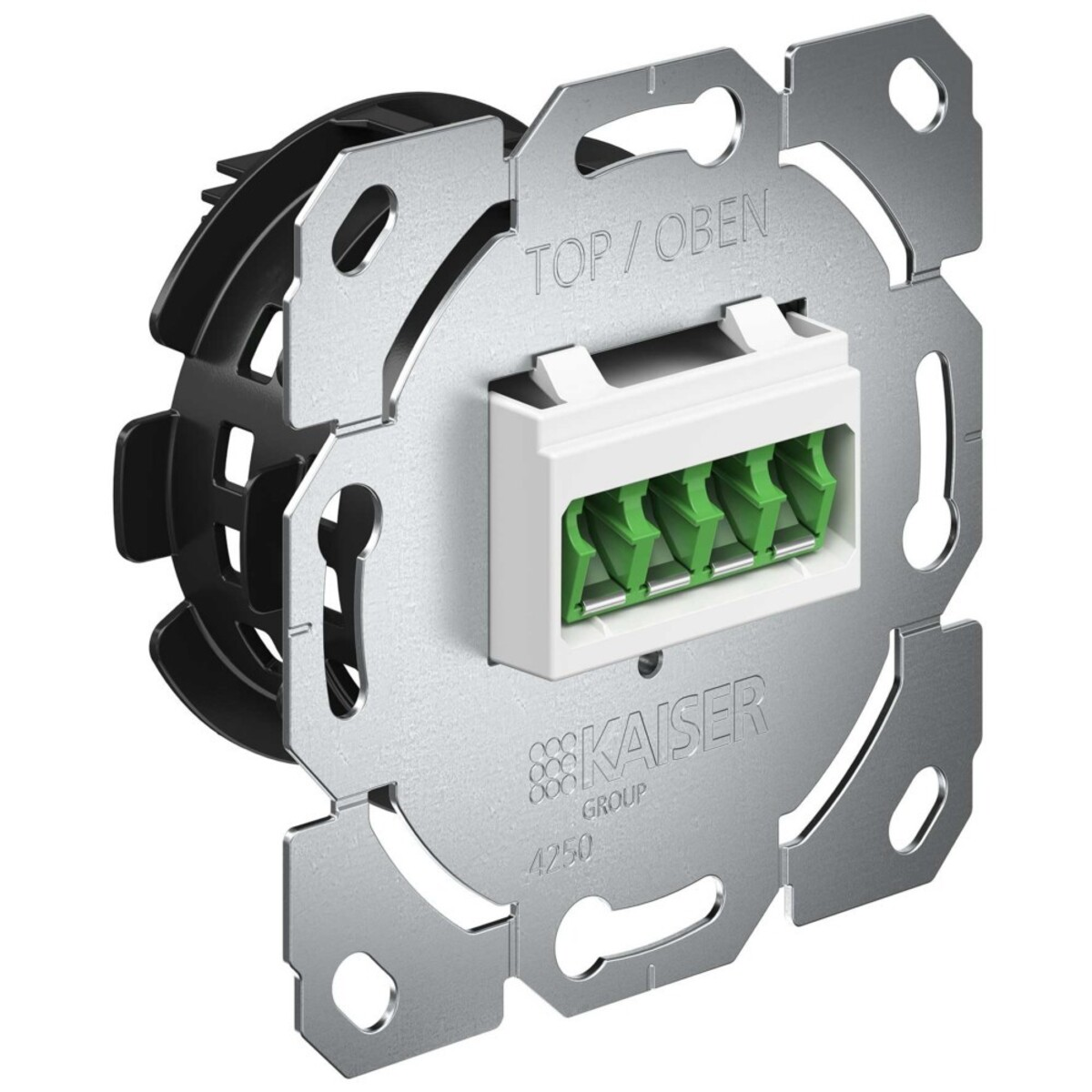 Componente elettrico con telaio in metallo, terminali bianchi e verdi e retro in plastica nera.
