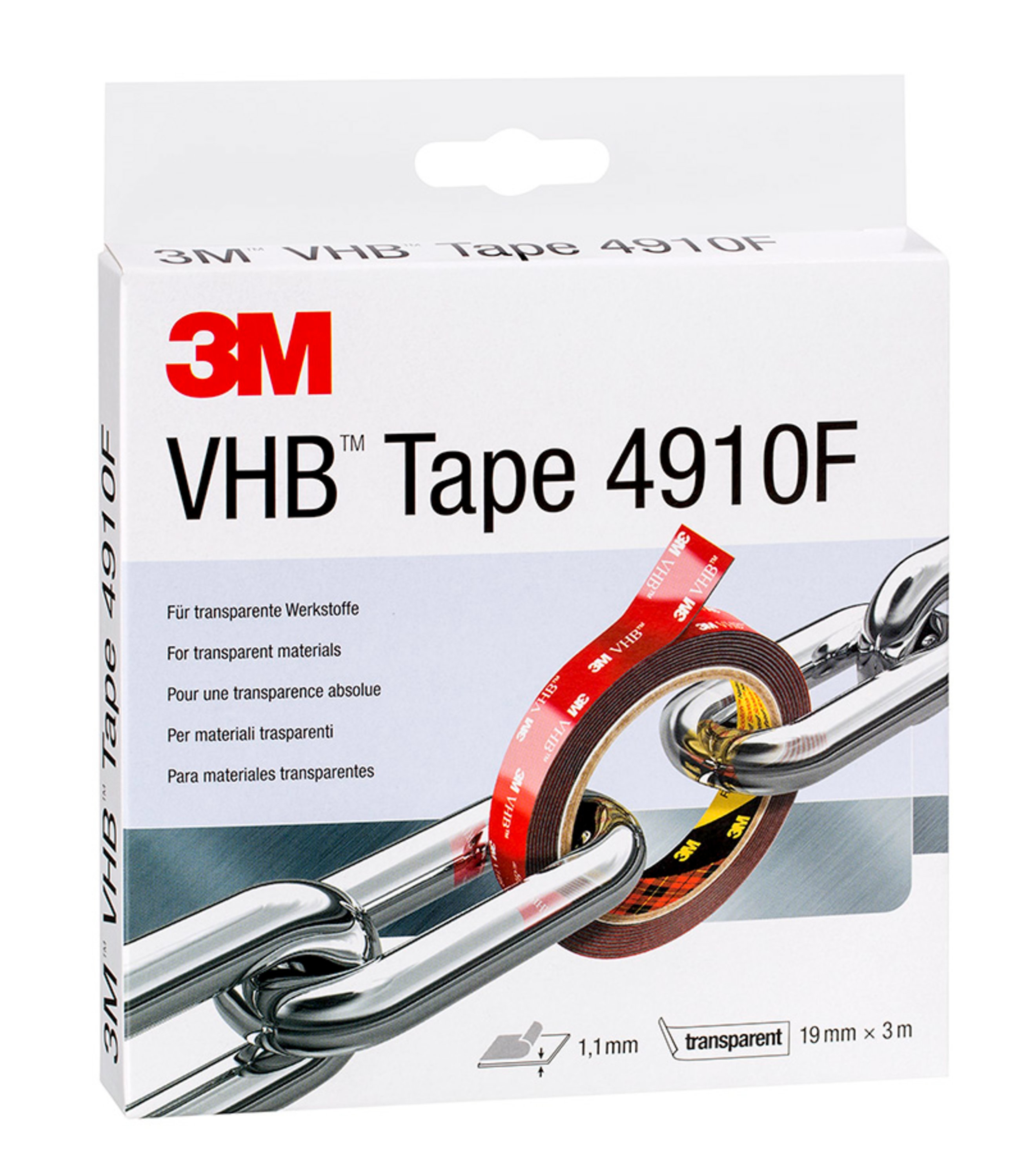 Eine Schachtel mit 3M VHB Tape 4910F. Rotes Klebeband ist mit einer silbernen Metallstange sichtbar. Die Box ist weiß mit rotem und schwarzem Text.