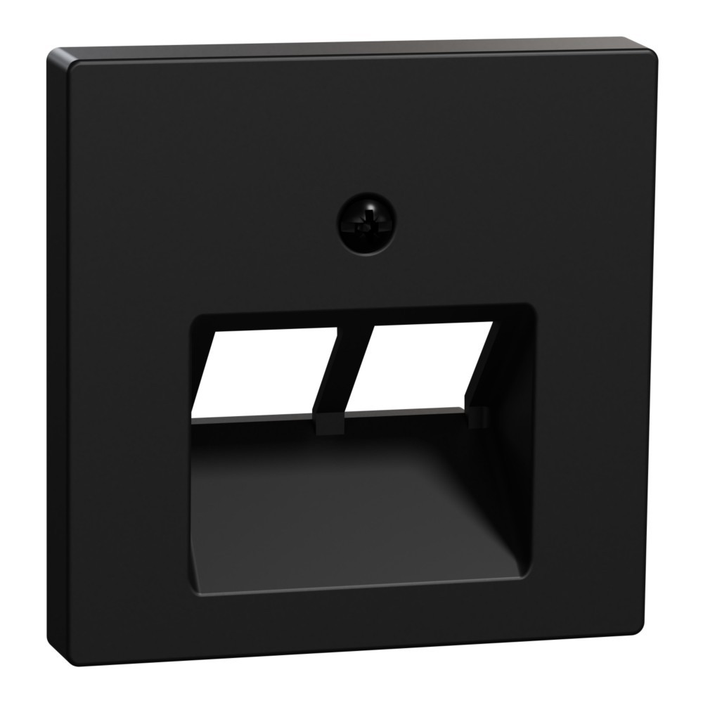 Una copertura per presa elettrica nera quadrata con due aperture rettangolari e una singola vite. Le aperture rivelano un interno bianco.
